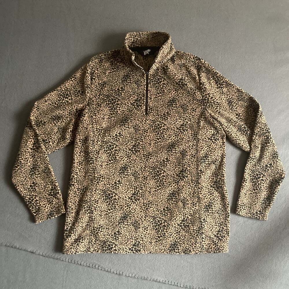 Lands End 1/4 Zip Fleece Pullover Sweater Women's XL Warm Brown Spotted Leopard